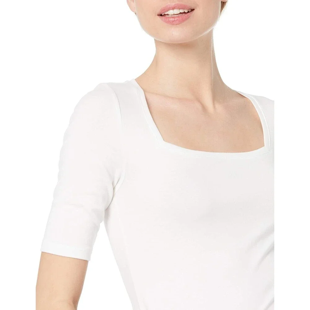 Essentials Women's Slim-Fit Half Sleeve Square Neck T-Shirt, Bright White Small - Picture 3 of 7